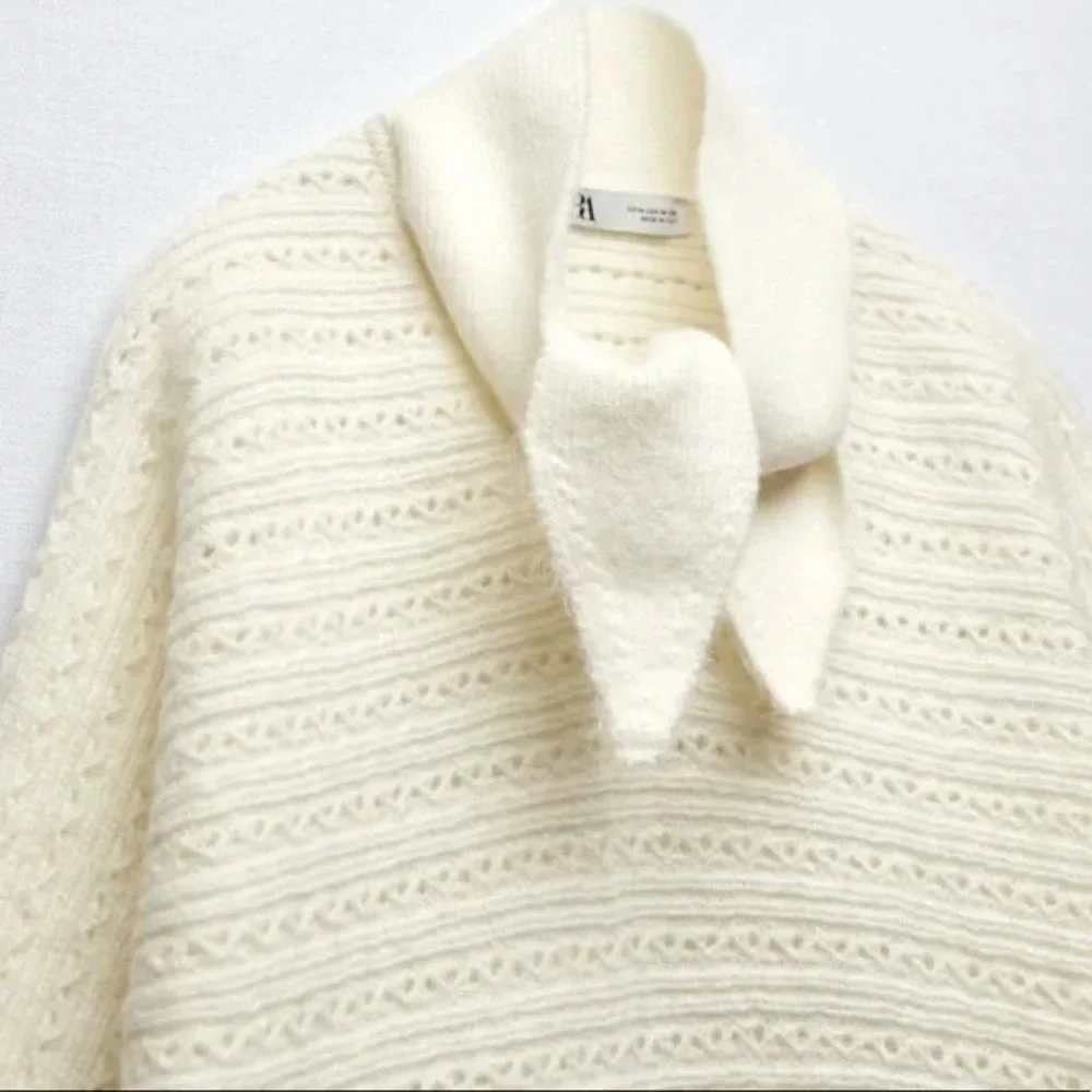 NEW ZARA BOW COLLAR KNIT SWEATER ECRU WHITE 6771/003 SMALL - Picture 3 of 6